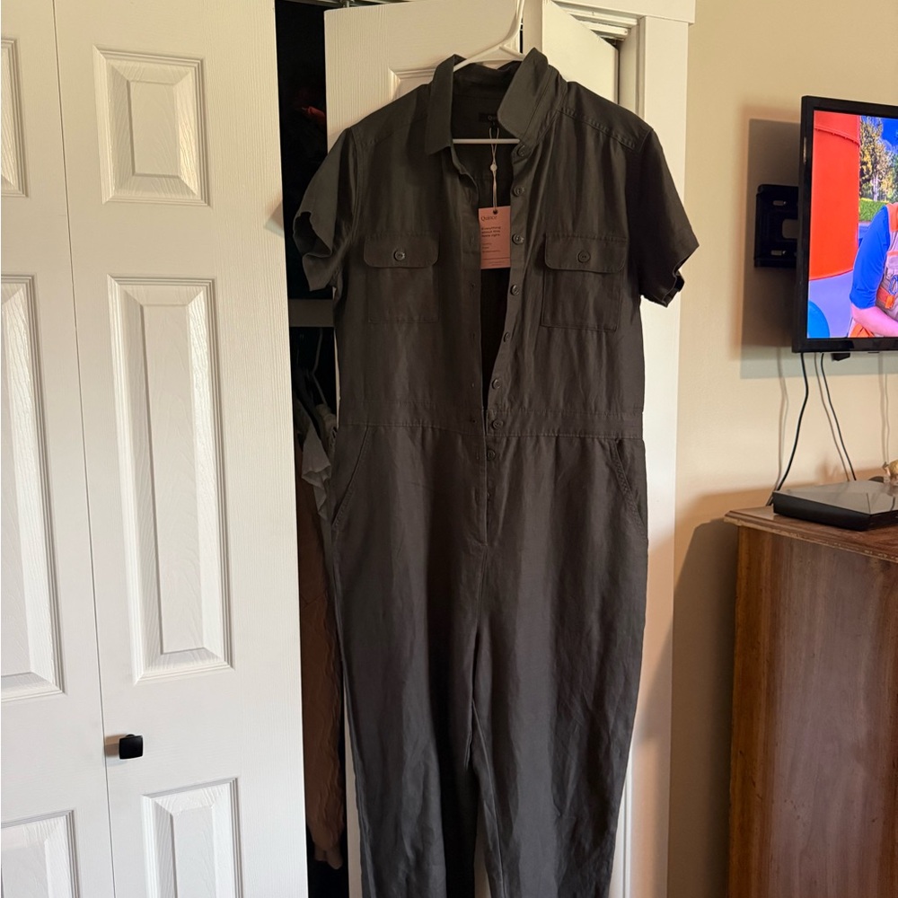 Quince Short-Sleeve Utility Jumpsuit in Olive Green